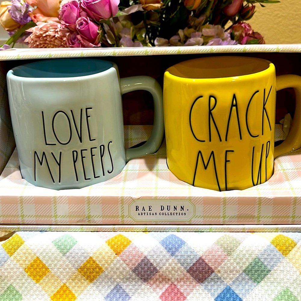 Rae Dunn collectible 2 cup coffee set. One size light, blue, and yellow.